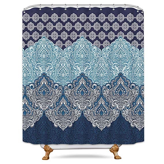 Riyidecor Boho Paisley Shower Curtain Panel Free Metal Hooks 12-Pack Floral India Bohemia Dark Navy Shower Curtain Panel Polyester Waterproof Fabric Clawfoot Tub 72x72 Inch