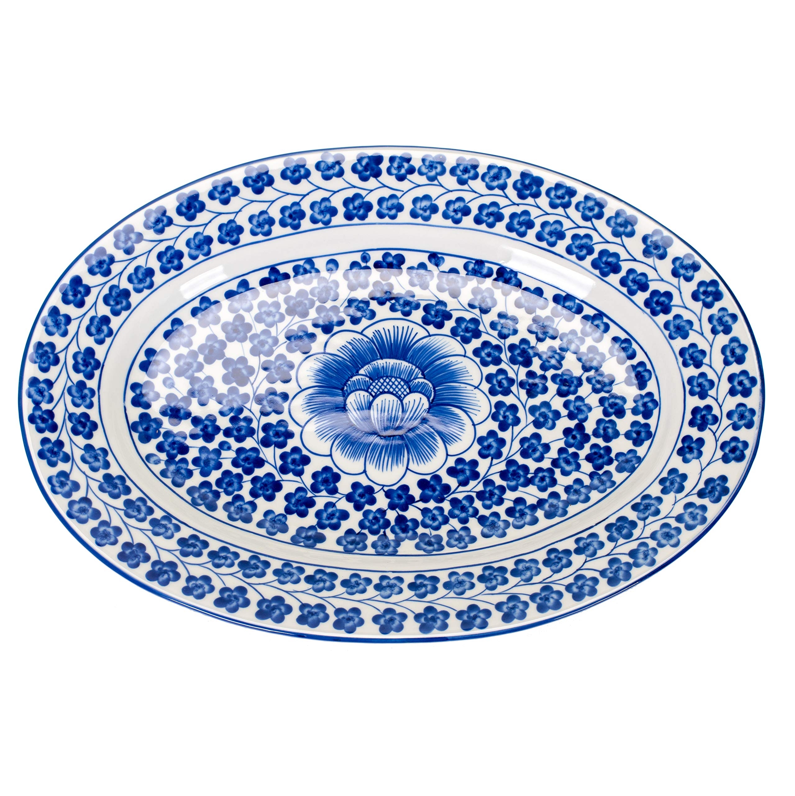 Sea Island Imports Elegant Porcelain Serving Platter with Blue and White Hand Painted Coriander Pattern