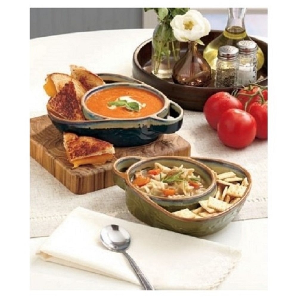 Set of 2 Blue and Green Stoneware Soup & Side Bowls