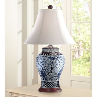 Shonna Traditional Table Lamp Porcelain Blue and White Bird and Branch Jar White Bell Shade for Living Room Family Bedroom - Barnes and Ivy