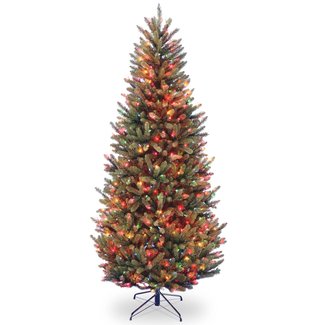 Slim Green Fir Artificial Christmas Tree with Multi-Colored Lights
