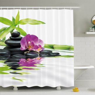 Spa Asian Relaxation with Zen Massage Stones Orchid and Bamboo Shower Curtain Set