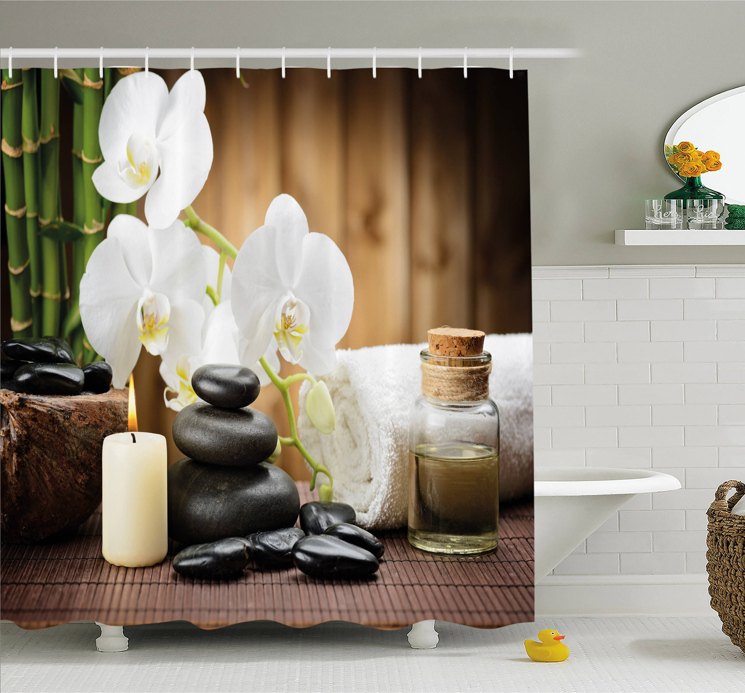 Spa Shower Curtain Hot Rocks Candles Bamboos Print for Bathroom