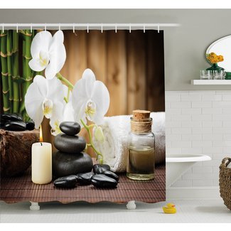 Spa Asian Style Decoration with Zen Stones Candle Flowers and Bamboo Shower Curtain Set
