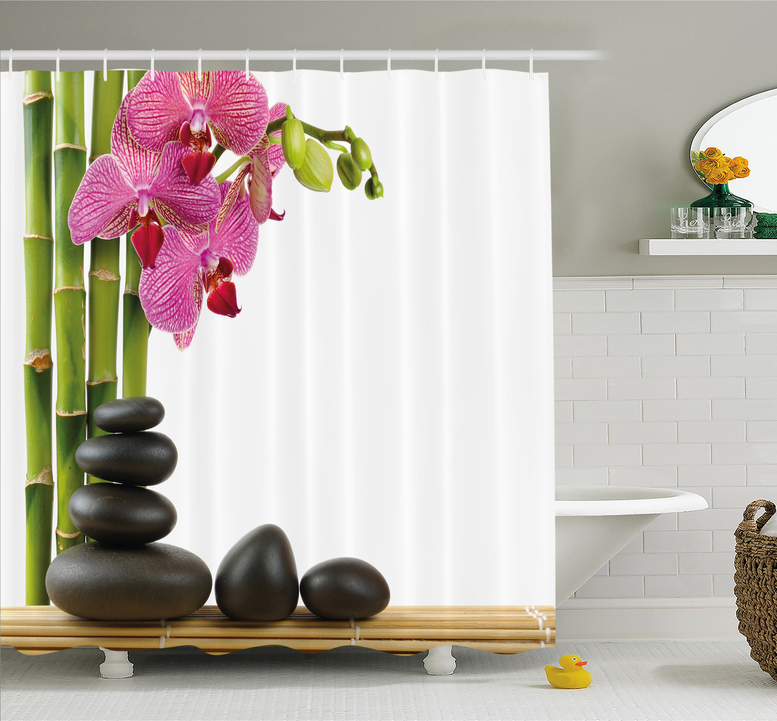 Spa Shower Curtain Hot Rocks Candles Bamboos Print for Bathroom