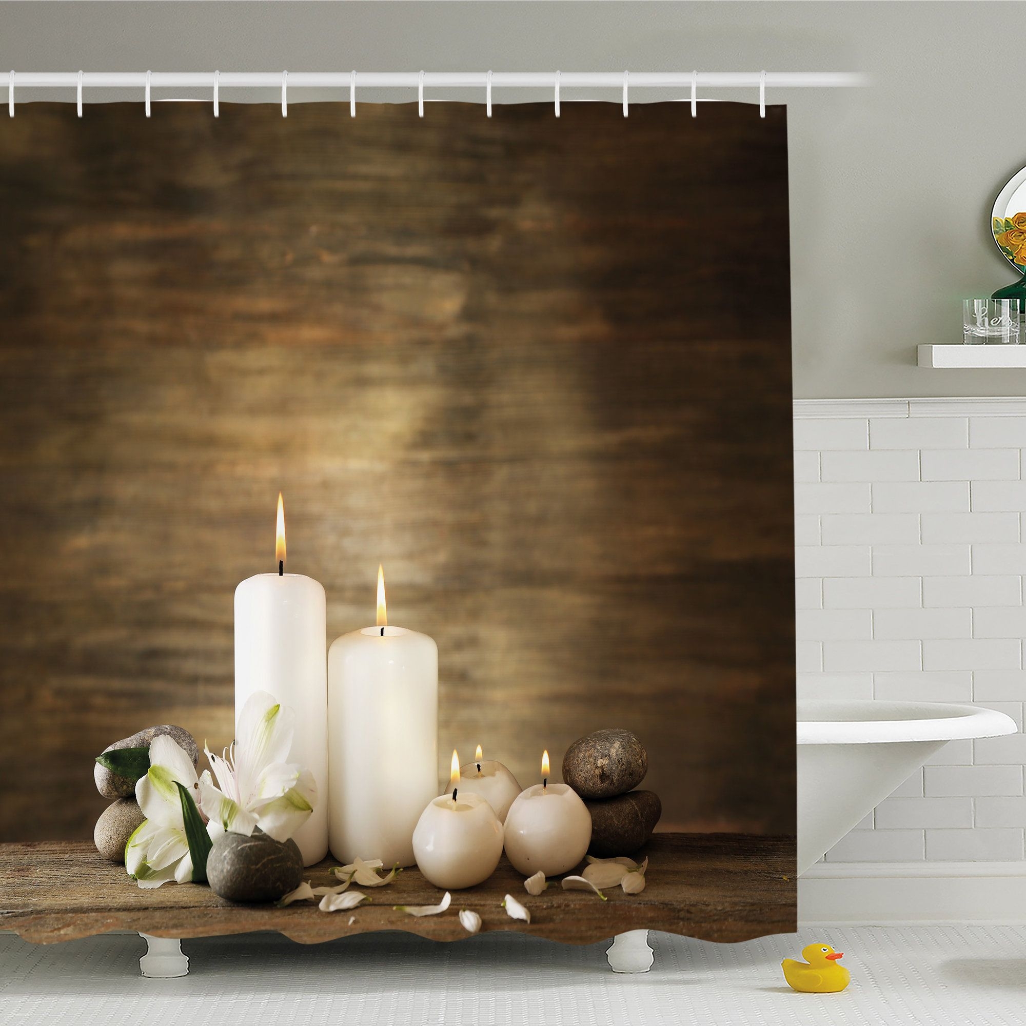 Spa Composition of Pure Candles Wooden Background with Stones and Flower Petals Shower Curtain Set