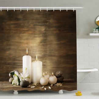 Spa Composition of Pure Candles Wooden Background with Stones and Flower Petals Shower Curtain Set