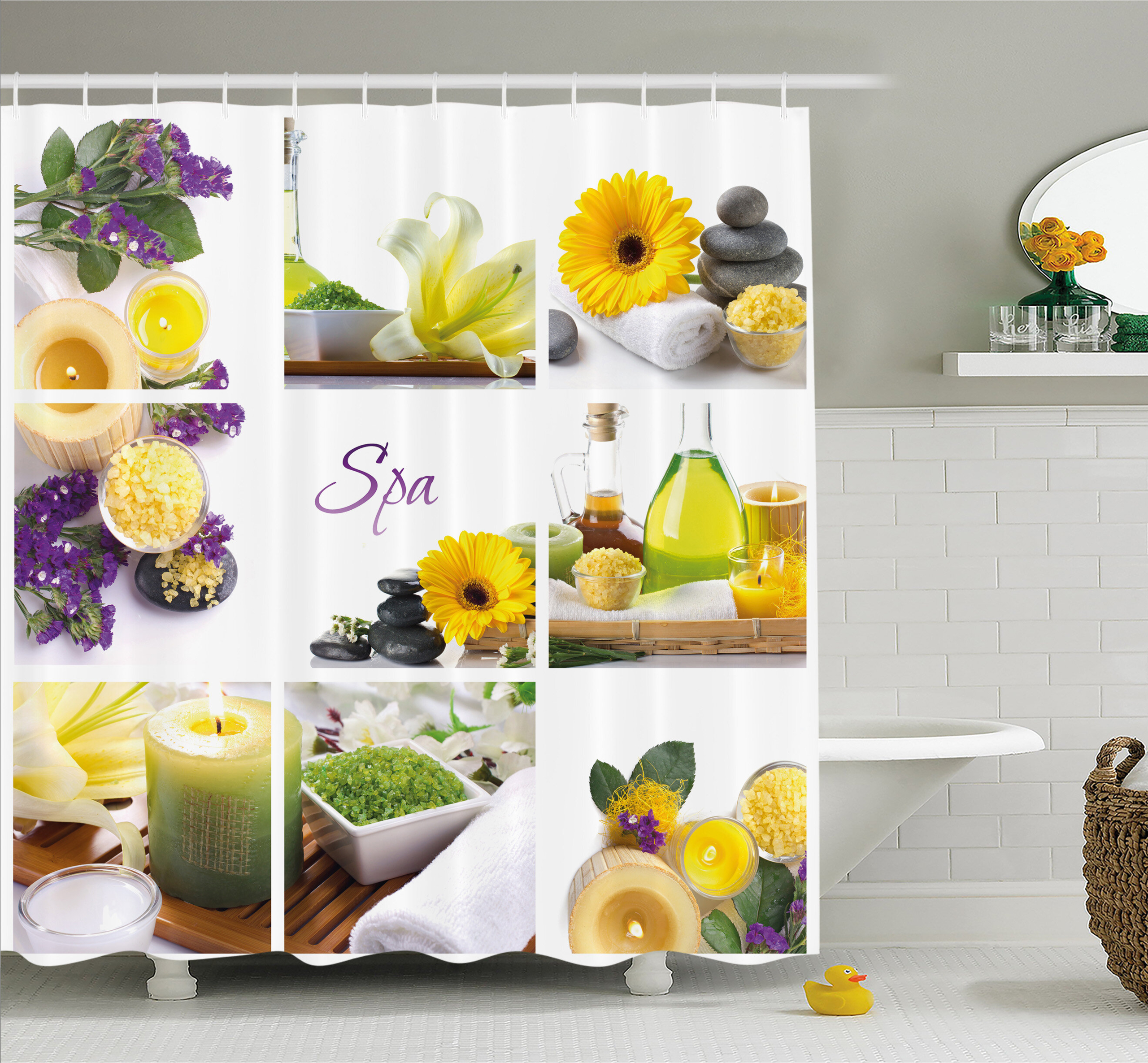 Spa Happy Peaceful Spa Day with Flowers Candles and Herbal Oils Shower Curtain Set