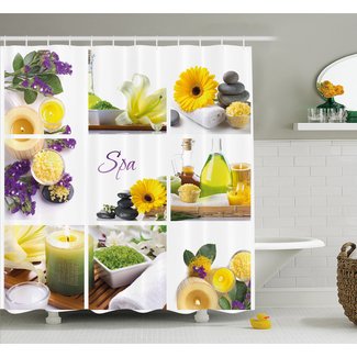Spa Happy Peaceful Spa Day with Flowers Candles and Herbal Oils Shower Curtain Set