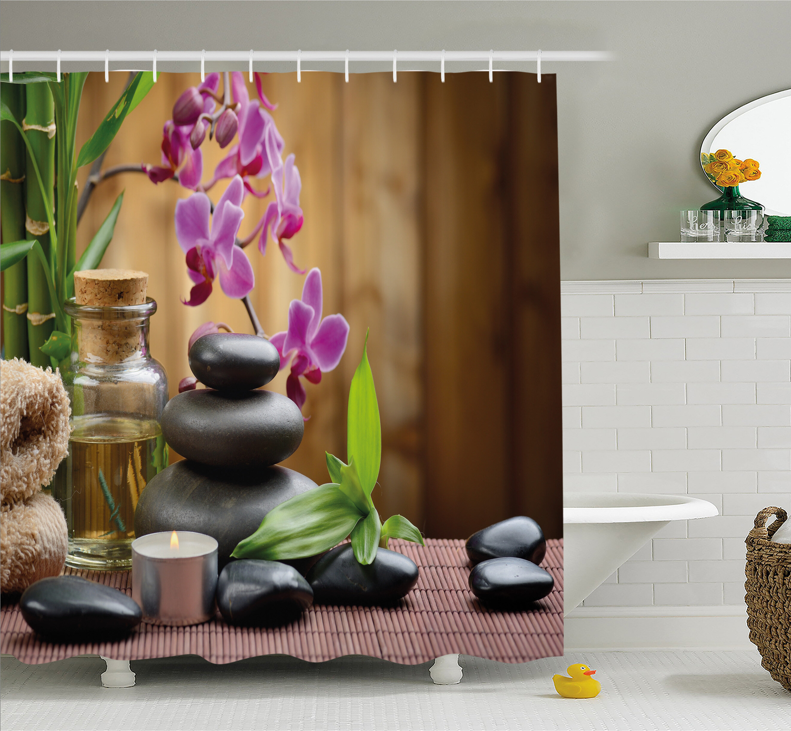 Spa Warm Welcoming Reception Big Stones Candles Scent Flowers Print Shower Curtain Set