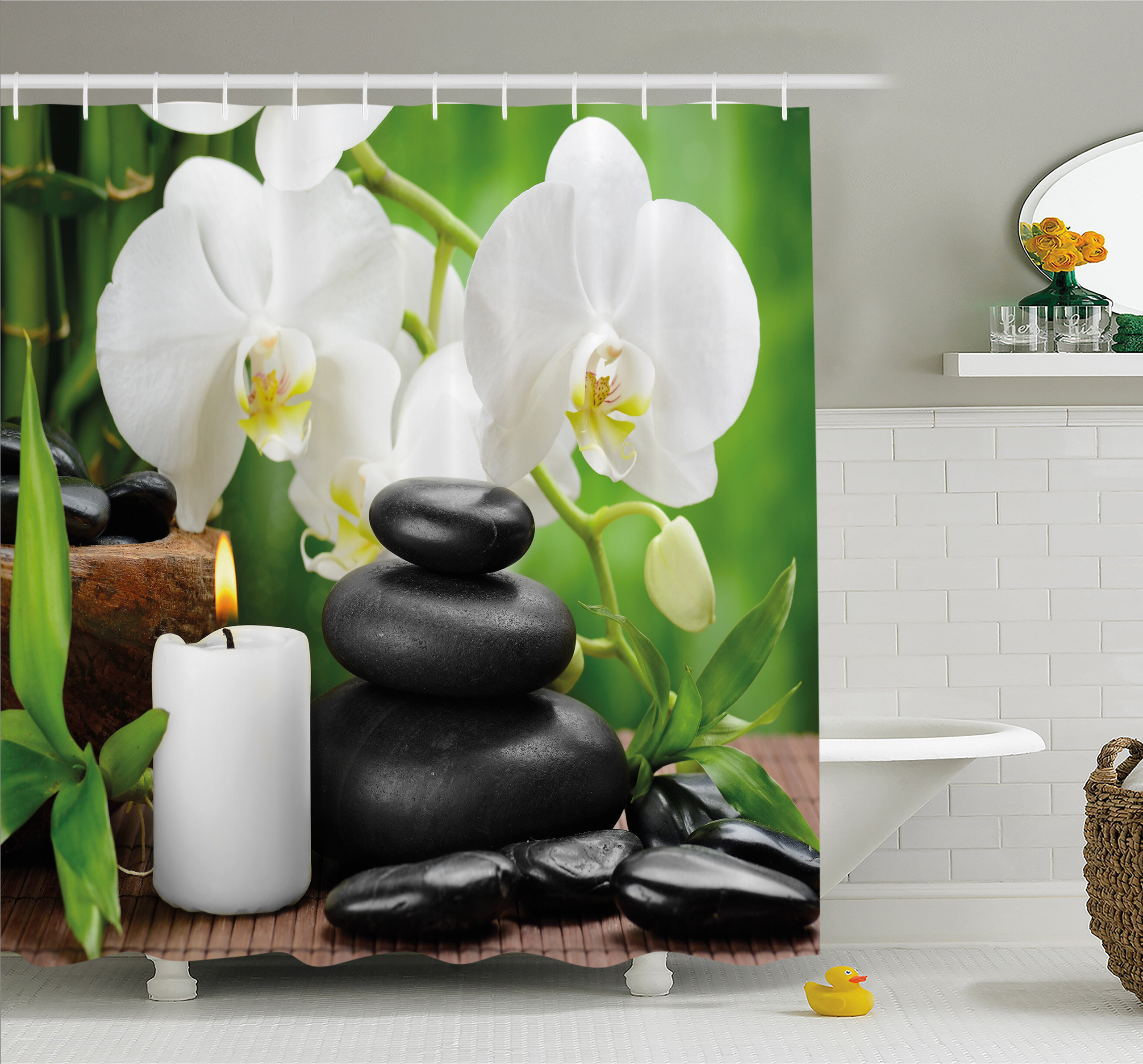 Spa Zen Hot Massage Stones with Orchid Candles and Magnificent Nature Shower Curtain Set