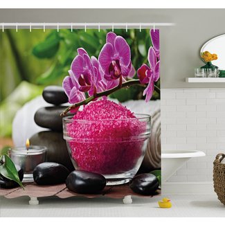 Spa Zen Stone Triplets with Asian type Orchids and Fuchsia Salt Shower Curtain Set