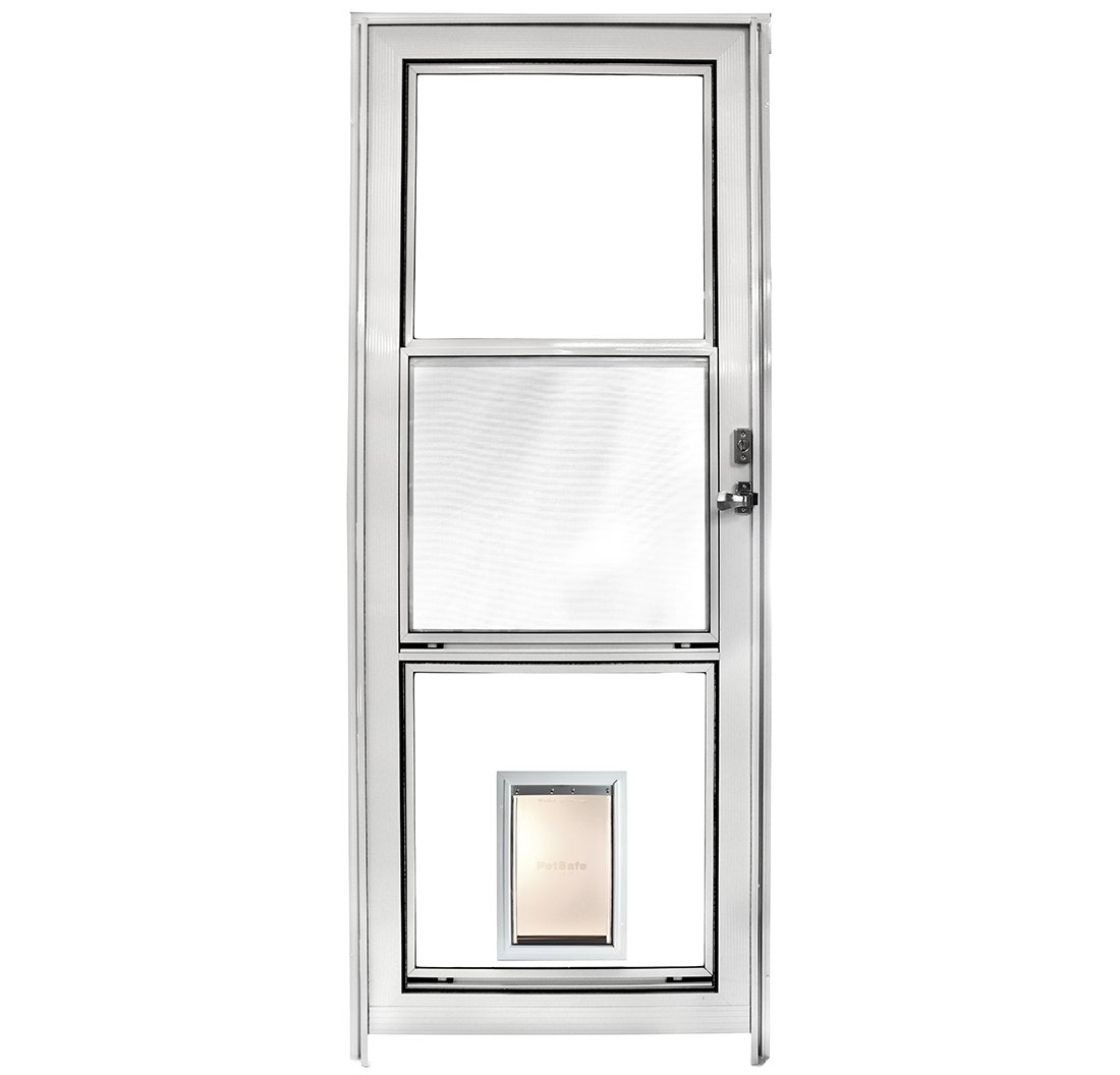 Storm door with on sale pet door built in