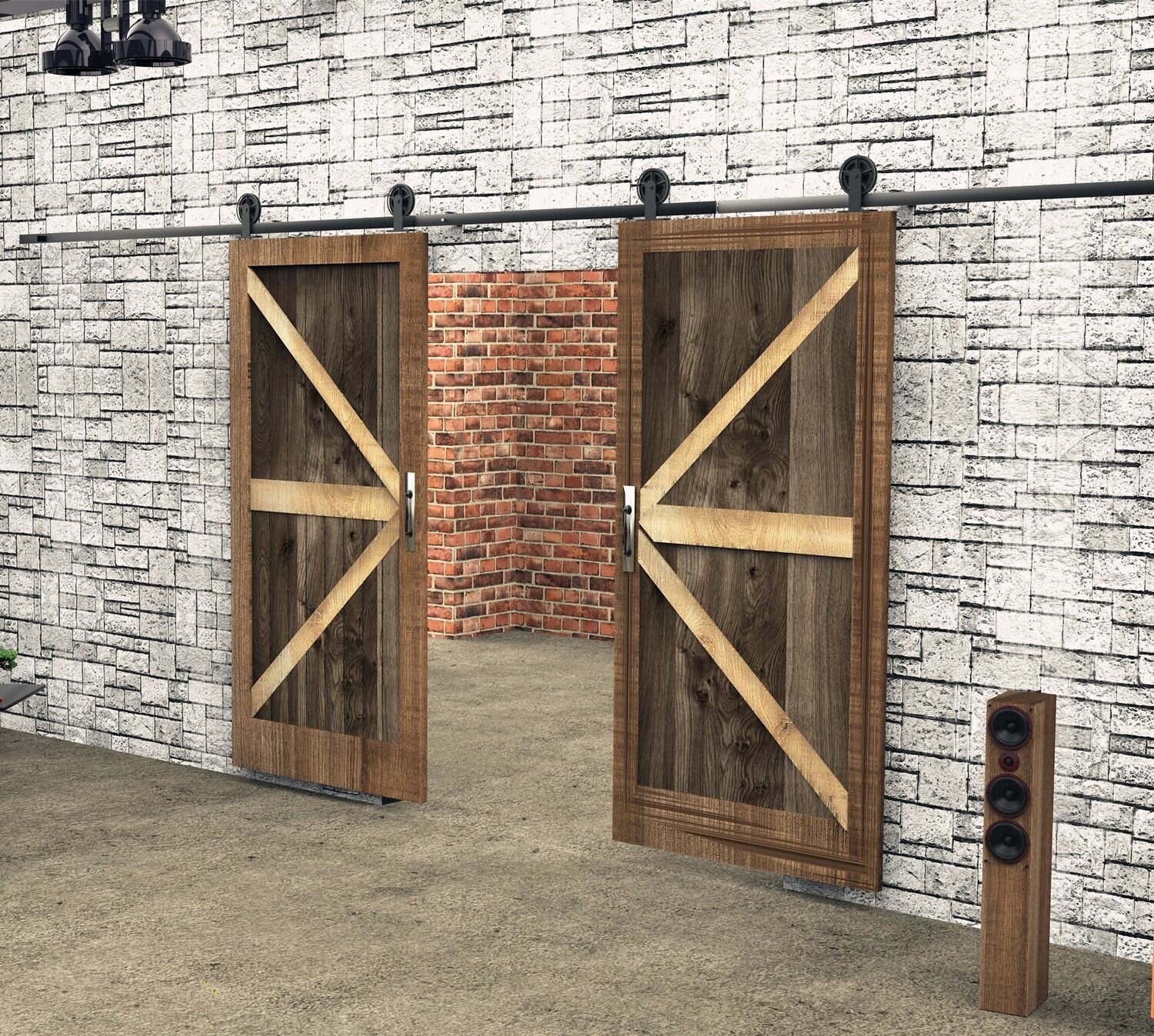 T-Shape Black Wheel Standard Double Barn Door Hardware Kit