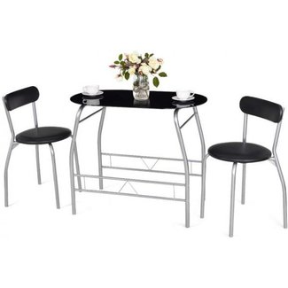 Tangkula 3 Piece Dining Set Modern Metal Frame Glass Top Table and 2 Chairs Set Home Kitchen Bistro Pub Breakfast Furniture, Black and Silver
