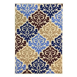 Toccoa Queen Damask Trendy Non Skid Rubber Backed Multicolor Area Rug