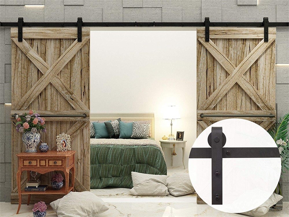 VANCLEEF 5-16FT Antique Double Barn Wood Door Hardware Track Rail Kit, Classic Design Roller, Black Rustic, for Bathroom, Bedroom, Closet, Interior and Exterior Use