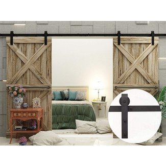 VANCLEEF 5-16FT Antique Double Barn Wood Door Hardware Track Rail Kit, Classic Design Roller, Black Rustic, for Bathroom, Bedroom, Closet, Interior and Exterior Use