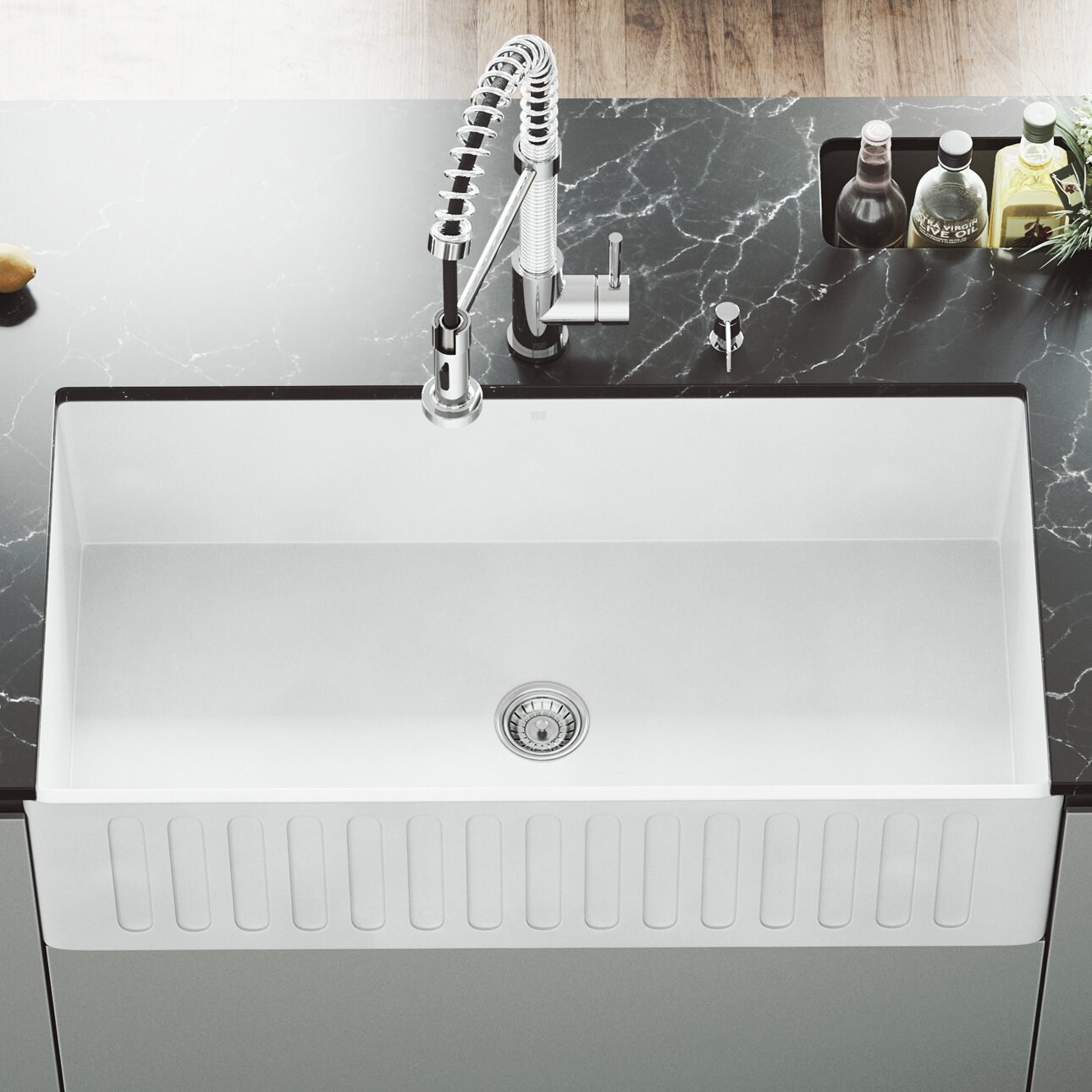 VIGO Matte Stone 36" L x 18" W Farmhouse Kitchen Sink with Basket Strainer