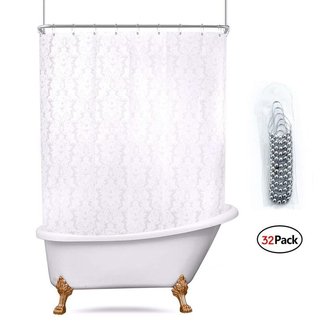 White All Around Shower Curtain Set 180 x 70 Inches PEVA Extra Wide Wrap Around Shower Panel Clawfoot Tub 32-Pack Shower Hooks Included Heavy Duty