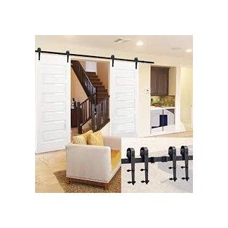 Yaheetech 12Ft Sliding Barn Door Closet Hardware Set Black Wood Antique Style Double Track Kit System