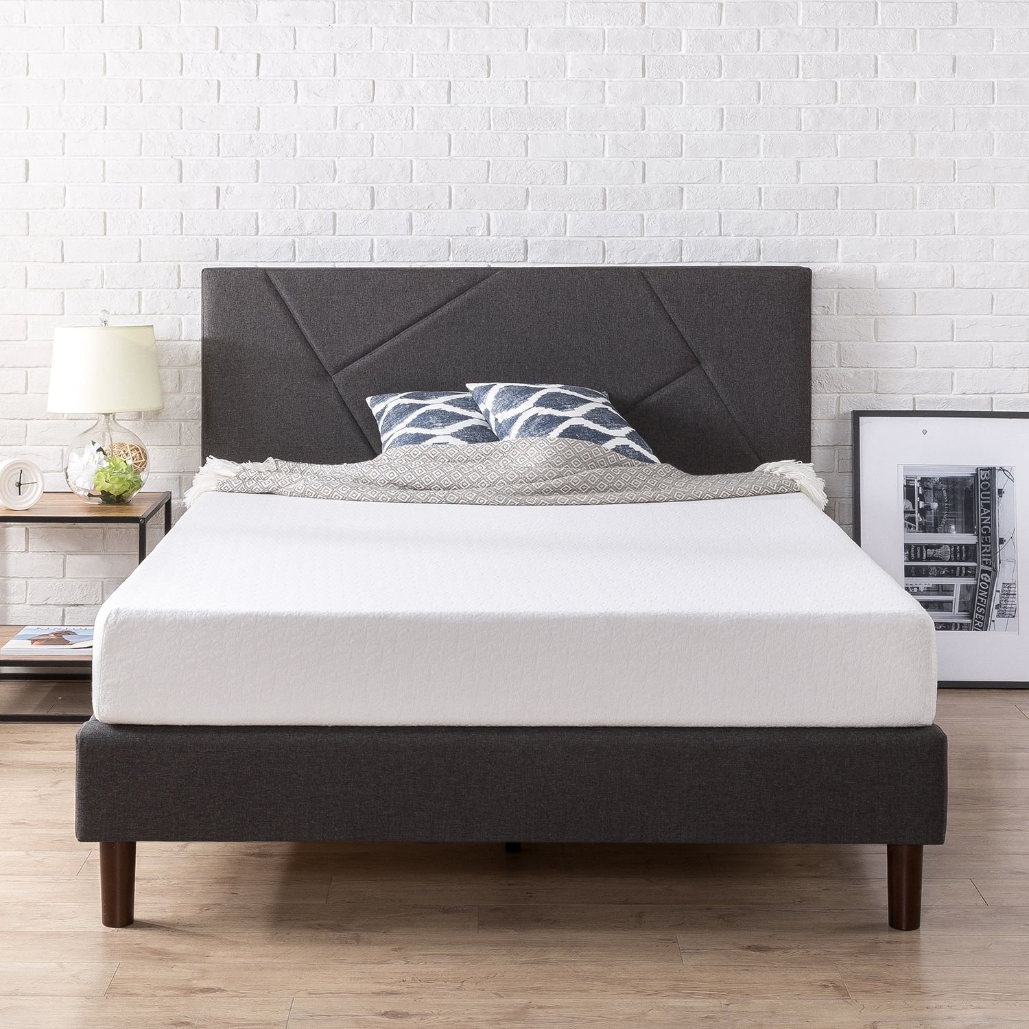 Zinus Upholstered Geometric Paneled Platform Bed with Wood Slat Support