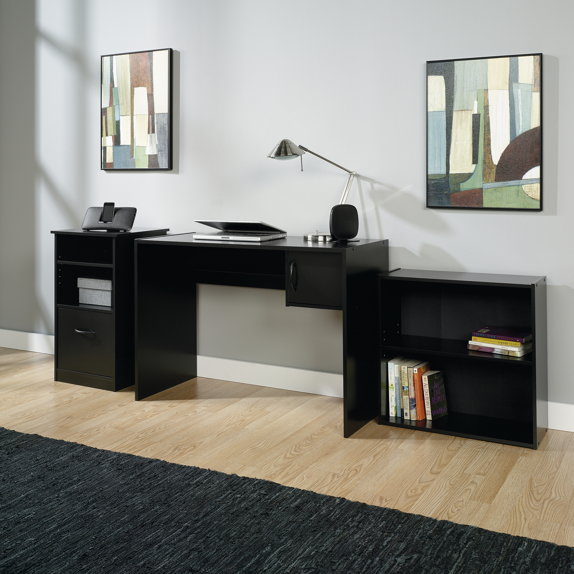 3-Piece Home Office Bundle Bookcase, Desk and Storage Cabinet, Black Finish
