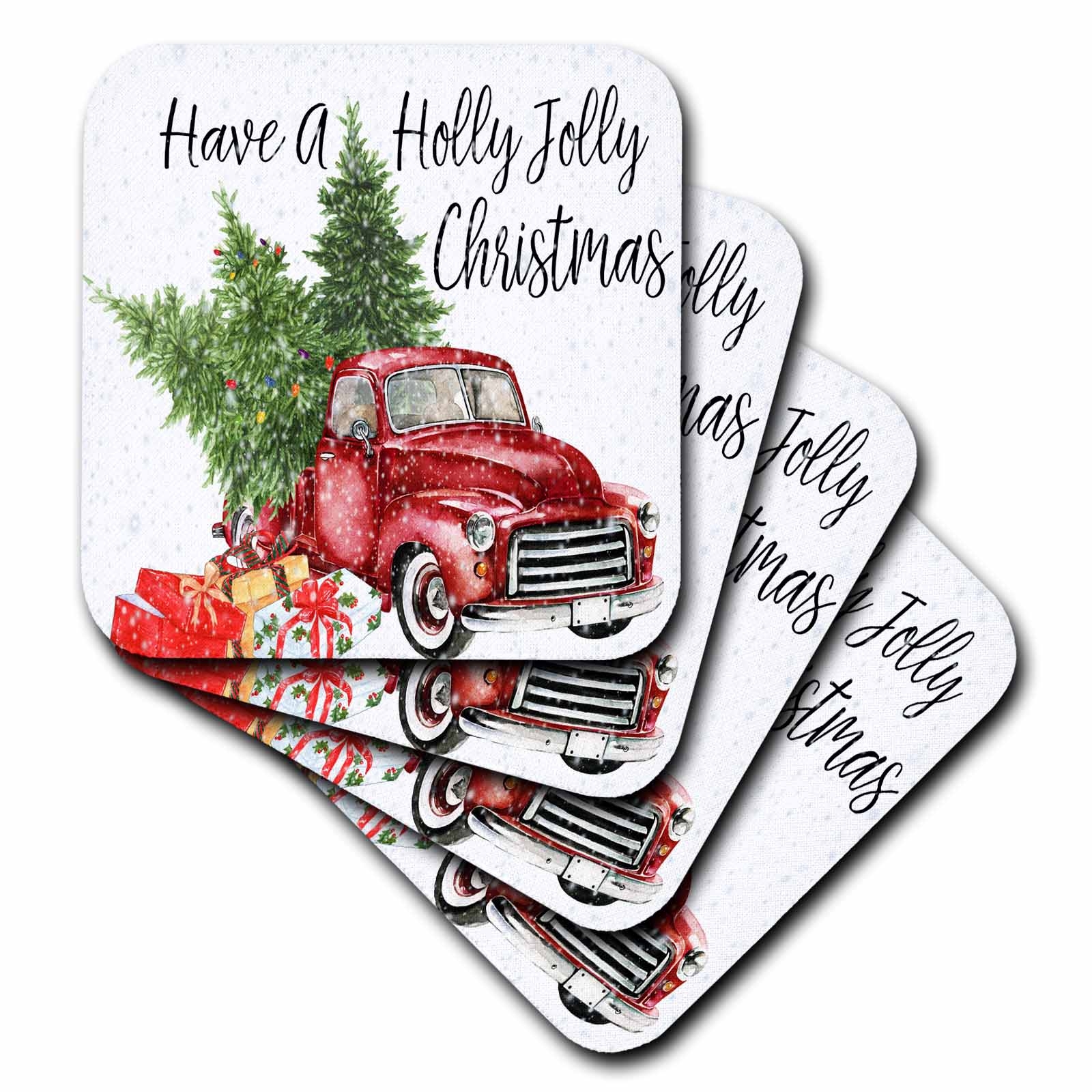 3dRose Anne Marie Baugh - Christmas - Have A Holly Jolly Christmas Red Truck With Christmas Trees - Coasters