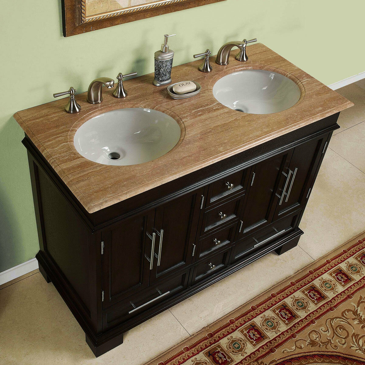 48-inch Compact Double Sink Travertine Stone Top Bathroom ...