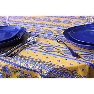 72 to 130 inch Rectangle or Oval Stain Resistant Cotton Coated Tablecloth Avignon in Gold and Blue - Indoor and Outdoor Use - Easy Care French Provence Table Cloth -Please Choose the Shape and Length-
