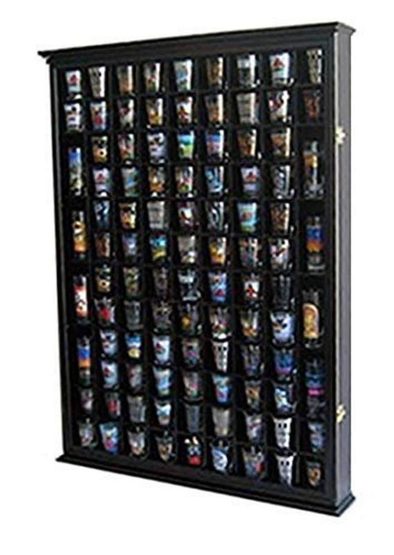 25 Shot Glass Shotglass Display Case Cabinet Holder Wall Rack w/Lockable Door 
