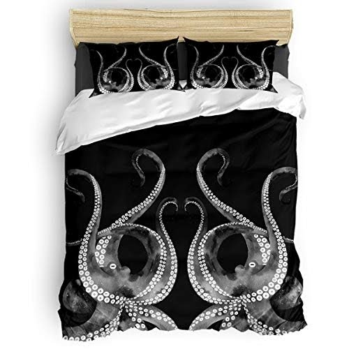 Arts Language 4 Pcs Duvet Cover Set for Kids/Teens/Adults Dark Gray Kraken Octopus Monster Printed Lightweight Cozy Bedding Set with Duvet Cover, Flat Sheet, Pillowcases