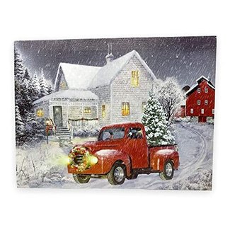BANBERRY DESIGNS Red Truck Print - LED Lighted Christmas Picture with Vintage Red Truck and Xmas Tree - Winter Scene