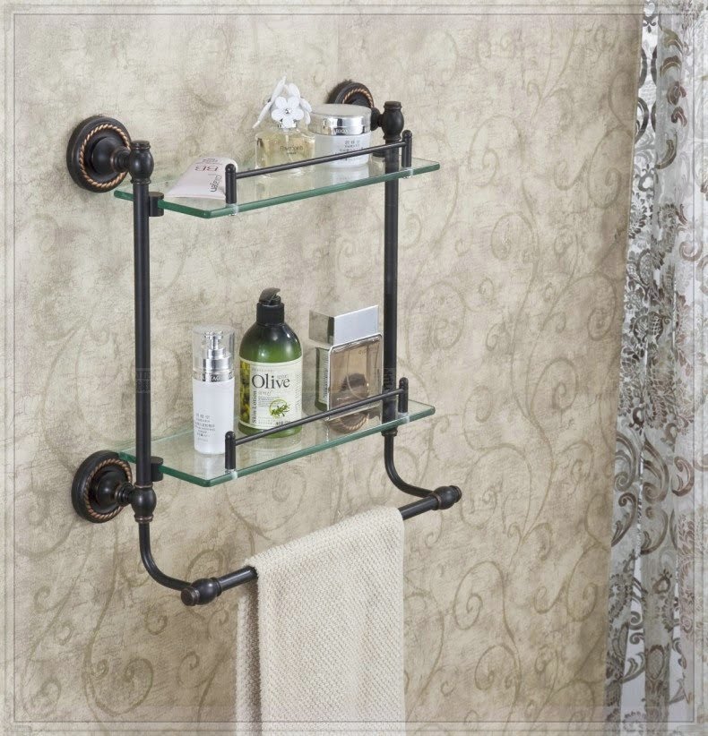 bathroom towel rack with glass shelf