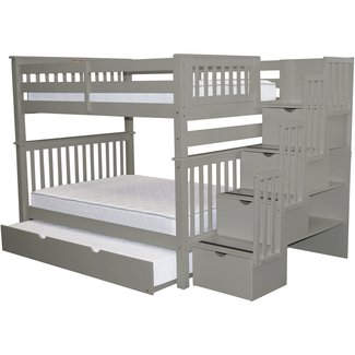 Bedz King Stairway Bunk Beds Full over Full with 4 Drawers in the Steps and a Full Trundle, Gray