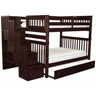 Bedz King Stairway Bunk Beds Full over Full with 4 Drawers in the Steps and a Twin Trundle, Cappuccino
