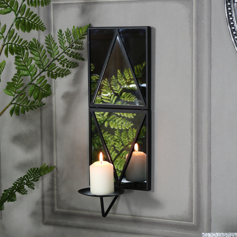 Black Mirrored Sconce Pillar Candle Holder Wall Decor 