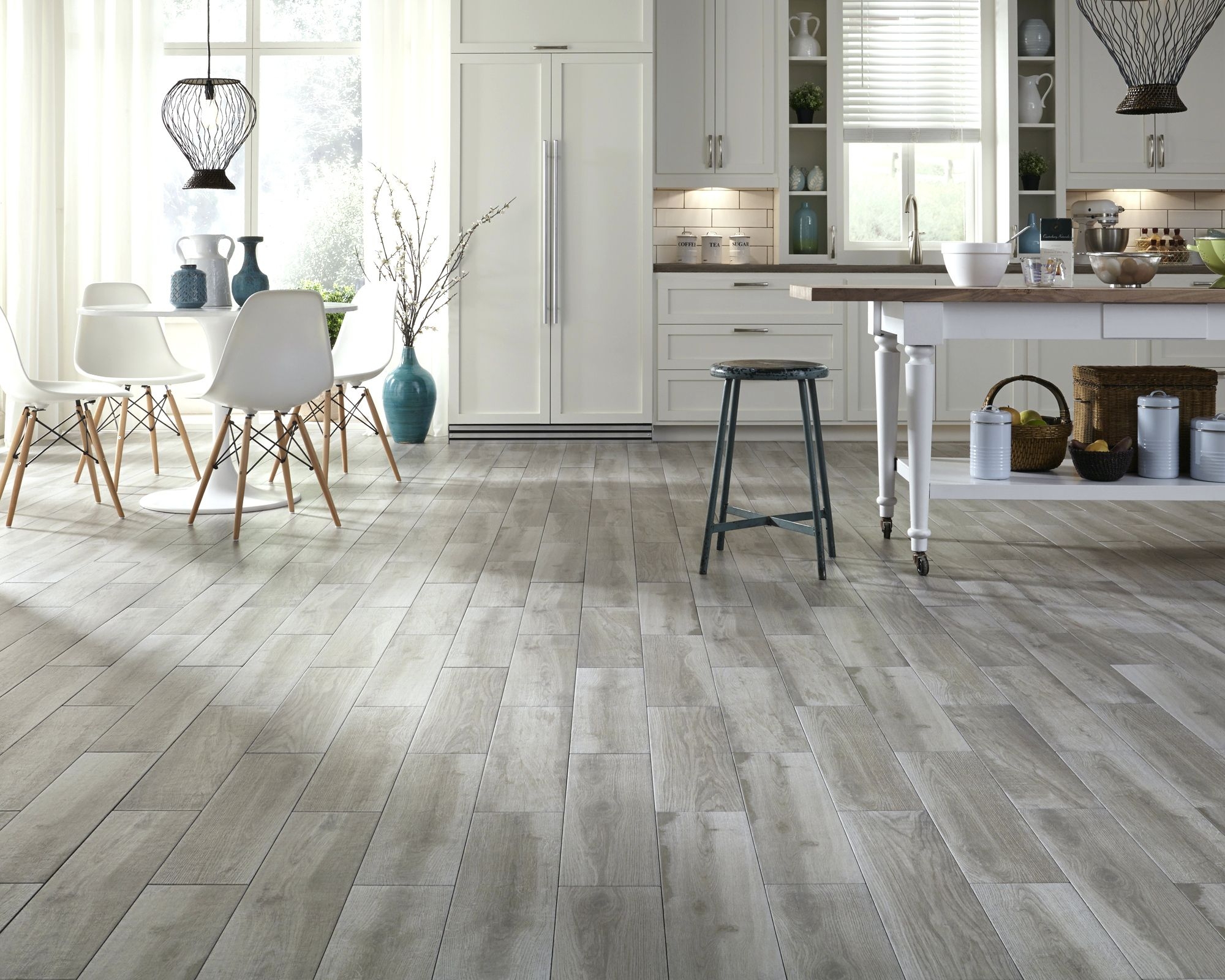 modern kitchen with light wood looking porcelain tiles