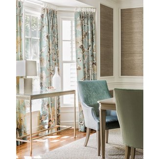 Blue and Taupe Dining Room with Nickel and Glass Console