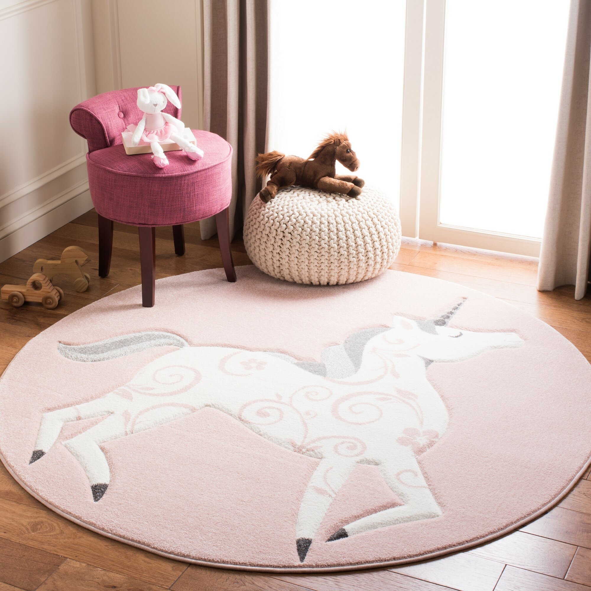 Pink Nursery Rug Kids Bedroom Animal Star Patterned Circle Rugs Childrens Carpet 