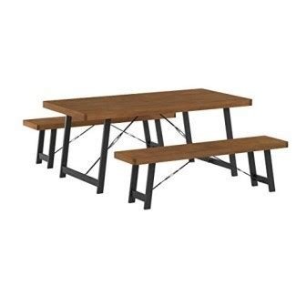 Christopher Knight Home 303372 Blane Farmhouse Cottage 3 Piece Rubberwood Table and Bench Set, Natural Walnut + Textured Black