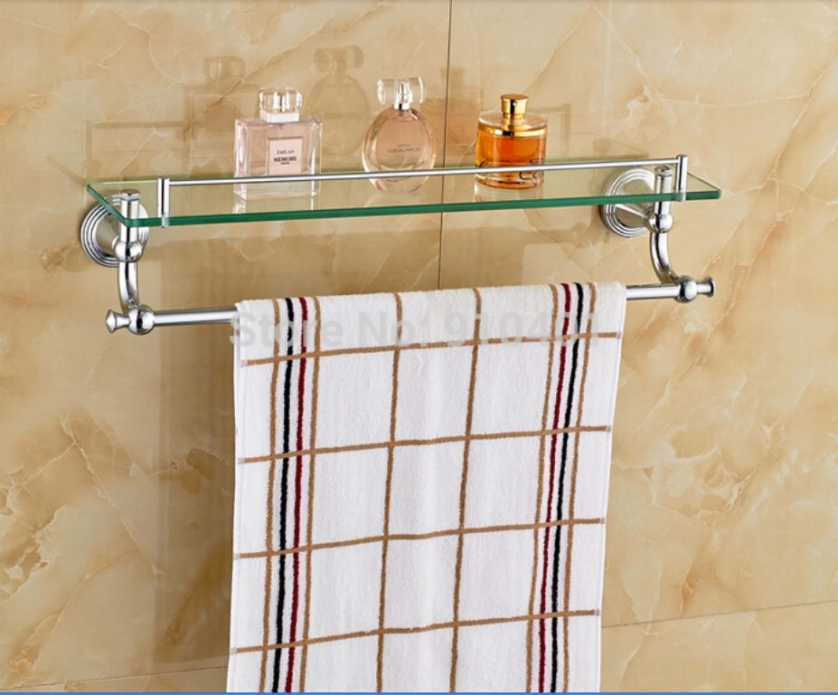 Wall Mounted Glass Bathroom Shelf With Towel Bar Durable Polished Chrome Finish 