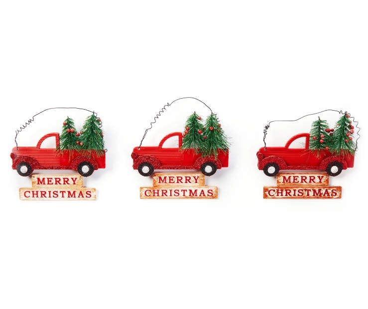 Clever Home Red Truck Christmas Tree Ornaments Merry Christmas Sign Bottle Brush Trees - Set of 3
