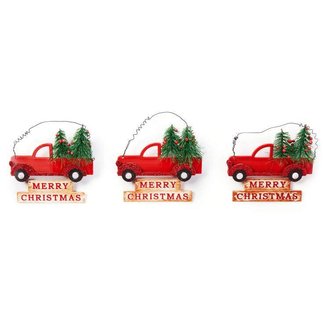 Clever Home Red Truck Christmas Tree Ornaments Merry Christmas Sign Bottle Brush Trees - Set of 3