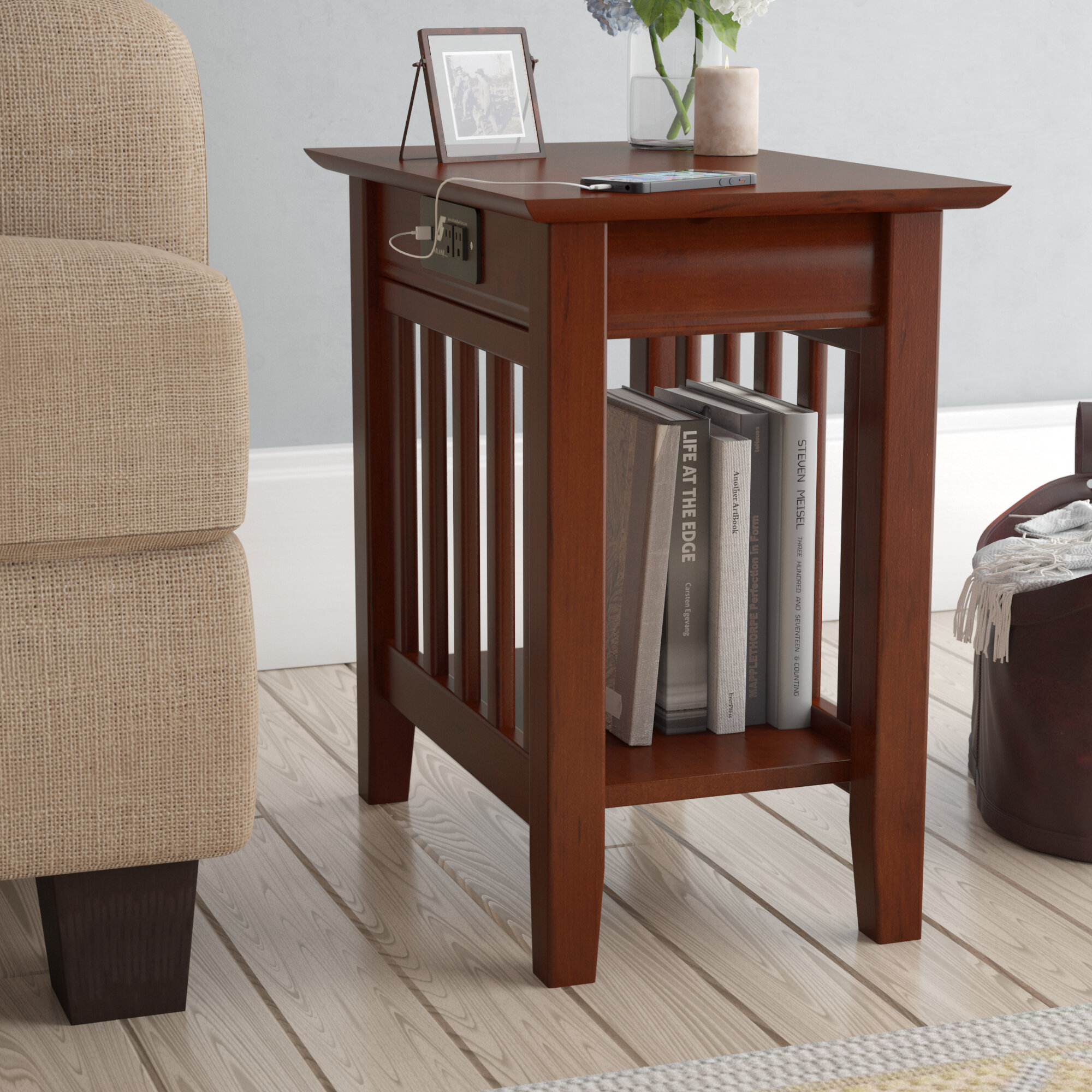 End Table with Charging Station in Walnut Brown Nautical Coastal Square Wood Finish Includes Hardware End Table with Charging Station in Walnut Brown Nautical Coastal Square Wood Finish Includes Hardware