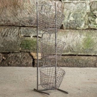 Distressed White 3 Tier Wire Basket Stand | Antique Farmhouse