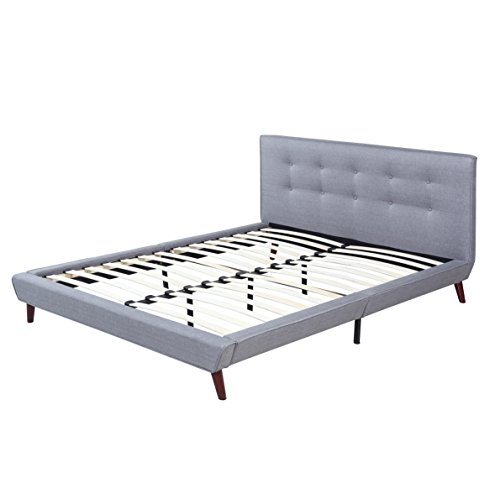 Divano Roma Furniture Mid-Century Grey Linen Low Profile Platform Bed Frame with Tufted Headboard Design