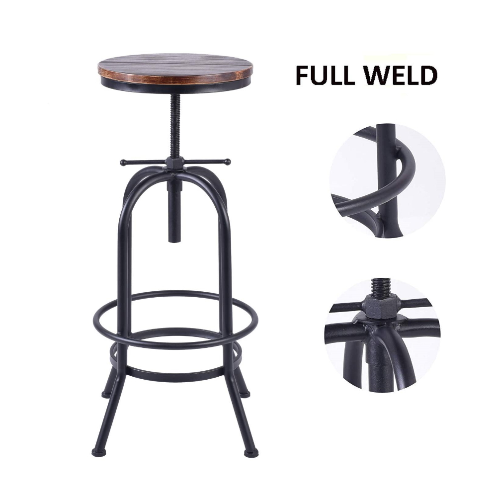 2PCS Vintage Bar Stools Adjustable Wood Metal Design Pub Chairs Industrial I3J8 