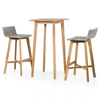 Festnight 3 Piece Bar Table Set Counter Height Dining Table with 2 Stool Acacia Wood Pub Set for Breakfast Bistro Kitchen Dining Room Indoor Outdoor Furniture