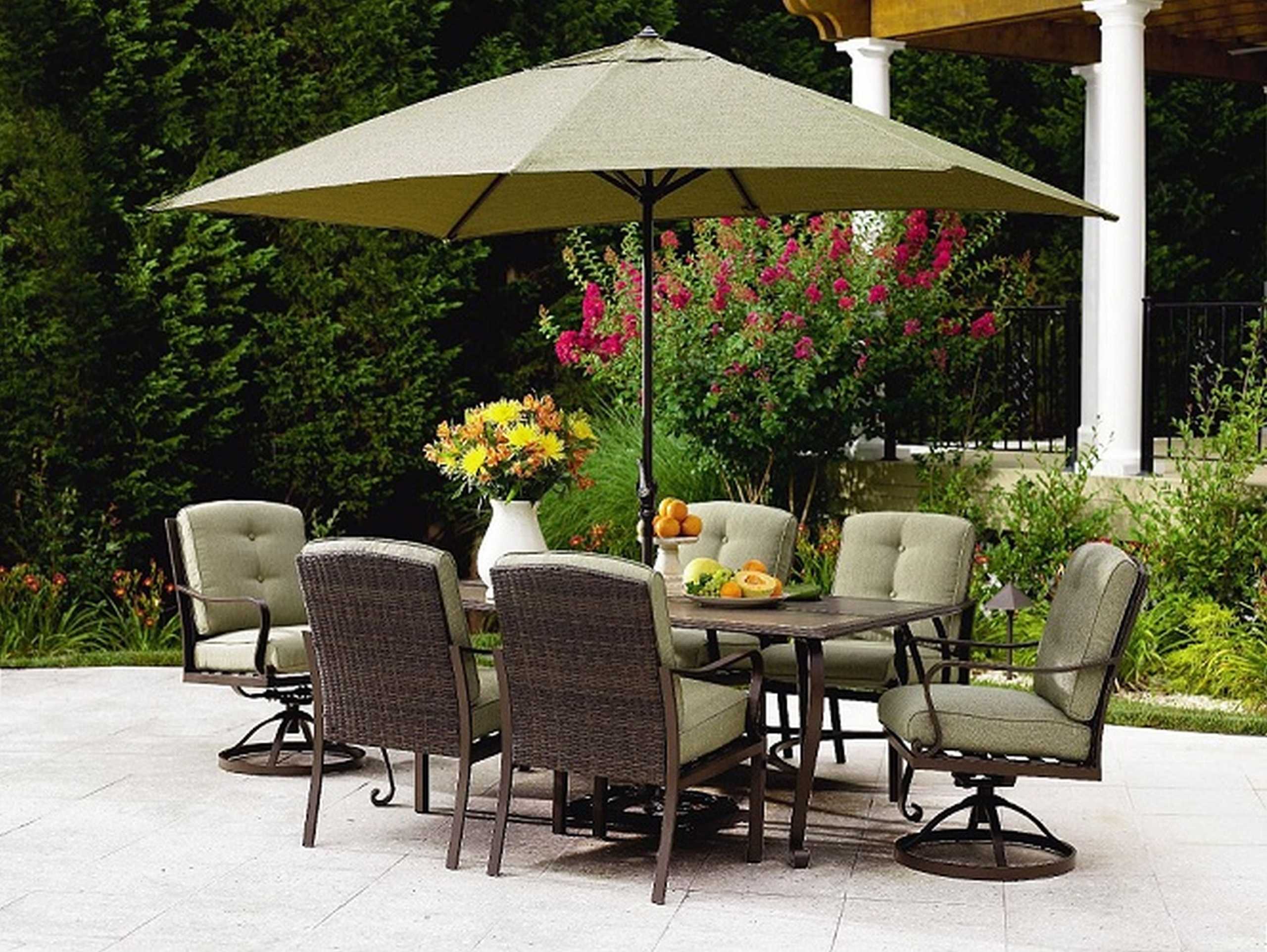 Hanover 7-Piece Outdoor Dining Set with Rectangular Tile-Top Table and Contoured Sling Stationary Chairs, Umbrella and Base-MONDN7PC-SU - The Home Depot 